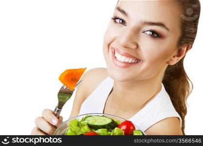 cheerful happy woman with salad on white background