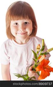 Cheerful kid holding orange lily isolated on white