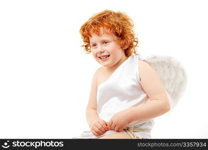 Cheerful little boy in an image of the cupid, isolated on a white background