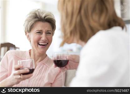 Cheerful mature friends holding drinks at home