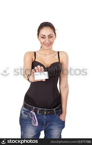 Cheerful pretty young girl with empty business card isolated on white background