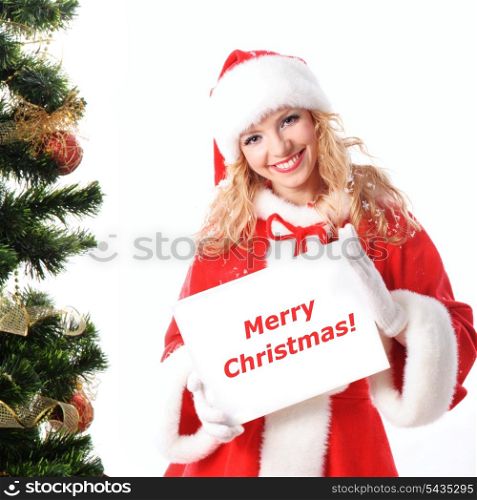 cheerful santa girl hold the blank placard with copy text. Christmas greetings card