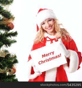 cheerful santa girl hold the blank placard with copy text. Christmas greetings card