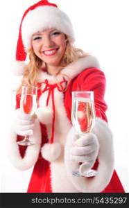 cheerful santa girl with glasses of champagne. Selective focus. Christmas greetings card