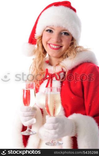 cheerful santa girl with glasses of champagne. Selective focus. Christmas greetings card