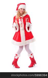 cheerful santa girl with glasses of champagne. Selective focus. Christmas greetings card. cheerful santa girl