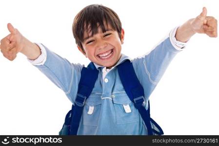 Cheerful school boy showing his thumbs up on isolated white background