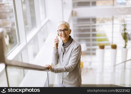 Cheerful Senior businesswoman using mobile phone at office