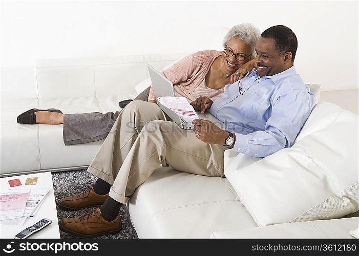 Cheerful Senior Couple Using Laptop