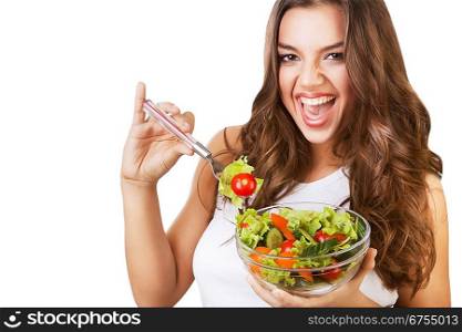 cheerful sexy girl with salad on white background