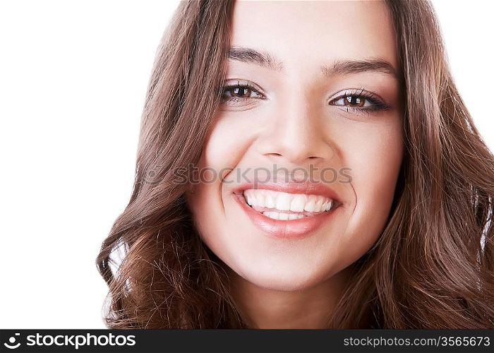 cheerful smiling cute woman on white background