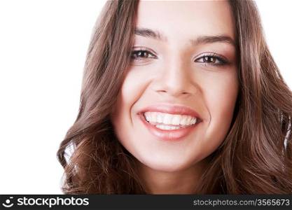 cheerful smiling cute woman on white background