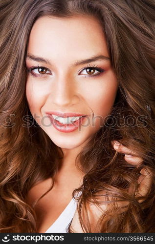 cheerful smiling sexy woman on white background