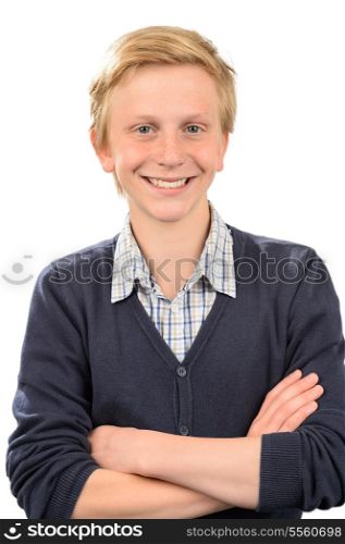 Cheerful teenage boy standing arms crossed against white background