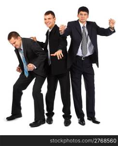 Cheerful three young dancing businessmen