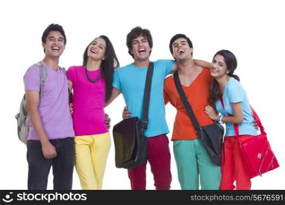 Cheerful university friends standing isolated over white background