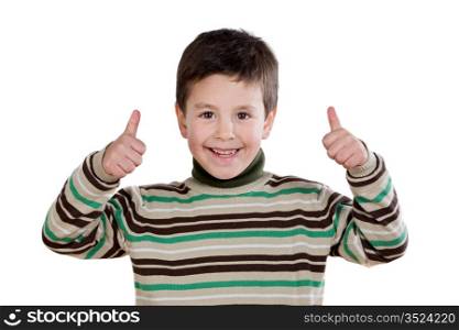 Cheerful winner boy saying OK on a white background
