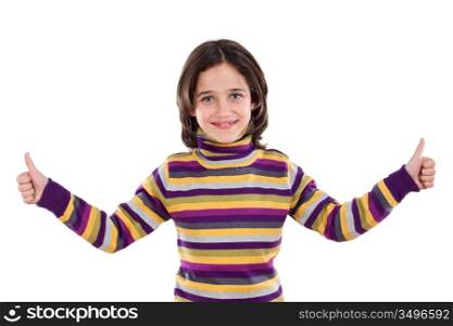 Cheerful winner girl saying OK on a white background