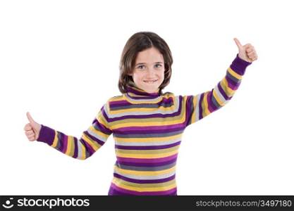 Cheerful winner girl saying OK on a white background