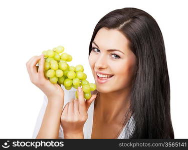 cheerful woman and green grape on white background