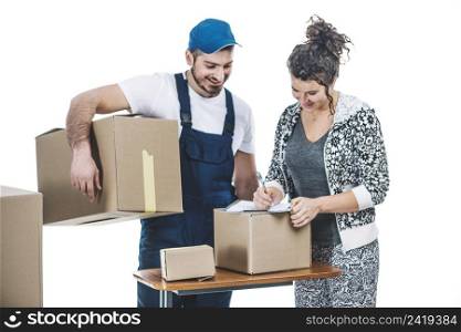 cheerful woman courier with parcels