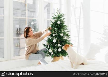 Cheerful woman in comfortable clothes decorates Christmas tree in modern spacious bedroom, looks with smile at pedigree dog sitting on bed, big window behind. New Year time, holiday preparation