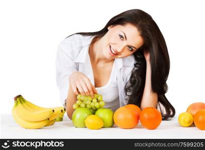 cheerful woman with fruits on white background