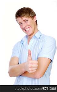 Cheerful young adult male teenager showing the thumb of human hand