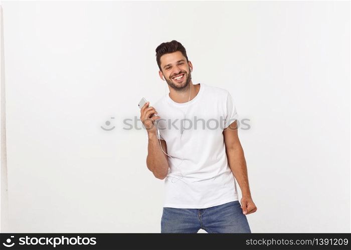 Cheerful young bearded business man show hand up excited with clenched fists. Full length portrait business man isolated over white studio background.. Cheerful young bearded business man show hand up excited with clenched fists. Full length portrait business man isolated over white studio background