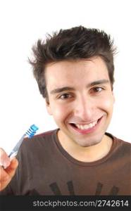 cheerful young man is washing teeth over white background