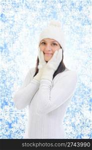 Cheerful young woman clothing in warm hat.