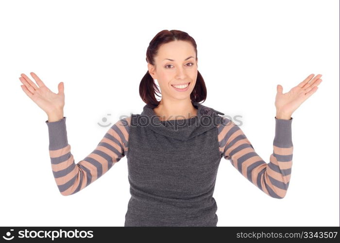 Cheerful young woman in casual clothing with arms up smiling, isolated on white background.