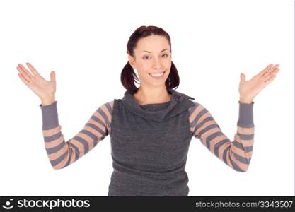 Cheerful young woman in casual clothing with arms up smiling, isolated on white background.