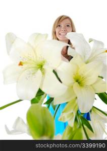 Cheerful young woman with flowers. Isolated on white background