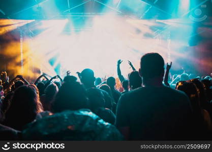 cheering crowd with raised hands at concert - music festival