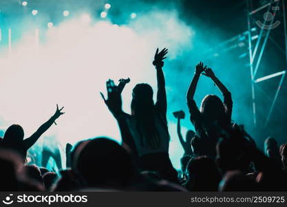 cheering crowd with raised hands at concert - music festival