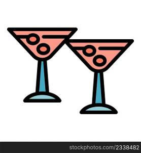 Cheers olive cocktail glasses icon. Outline cheers olive cocktail glasses vector icon color flat isolated. Cheers olive cocktail glasses icon color outline vector