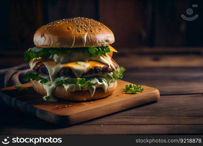 Cheesburger on wooden table.  Burgers on rustic wooden table.  Generative AI 