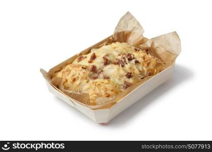 Cheese and bacon bread on white background