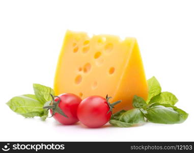 Cheese and basil leaves still life isolated on white background cutout