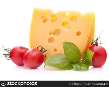 Cheese and basil leaves still life isolated on white background cutout