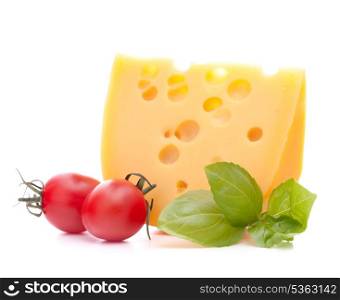 Cheese and basil leaves still life isolated on white background cutout