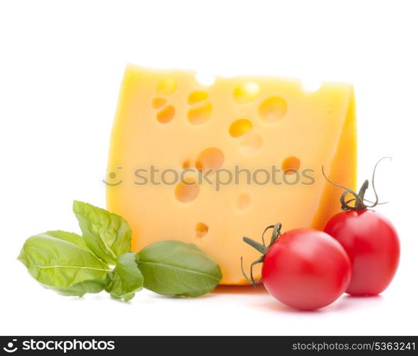 Cheese and basil leaves still life isolated on white background cutout