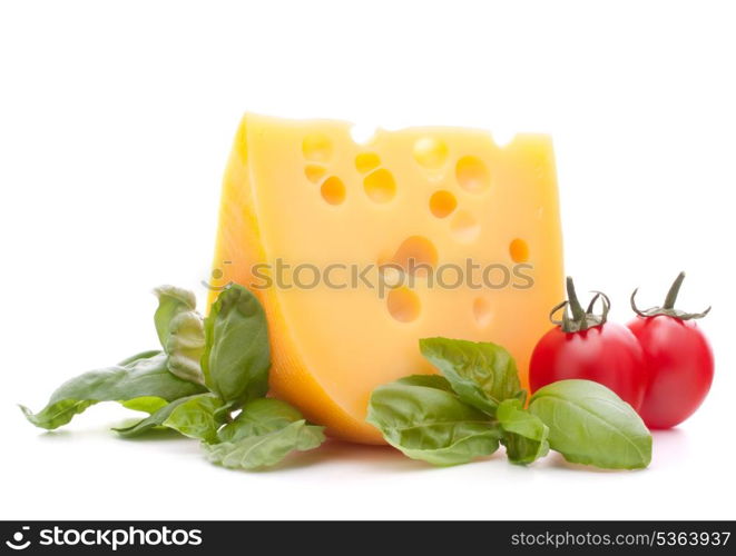 Cheese and basil leaves still life isolated on white background cutout