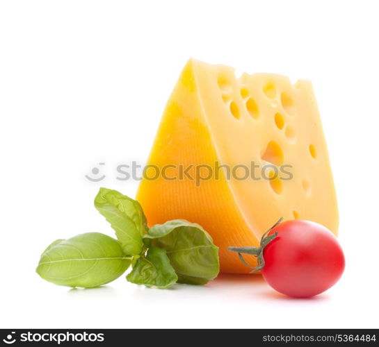 Cheese and basil leaves still life isolated on white background cutout