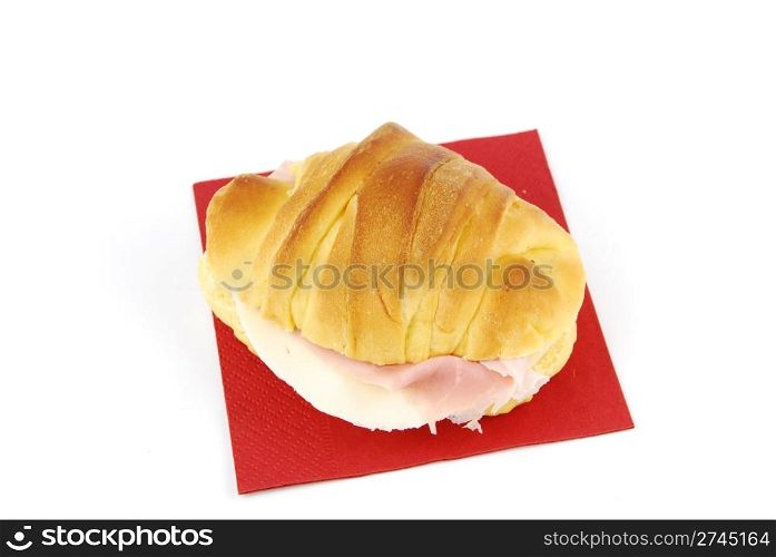 cheese and ham fresh croissant with red napkin isolated on white background