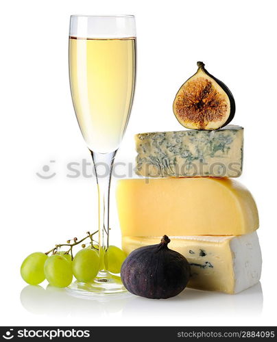 Cheese and white wine isolated on white background