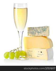 Cheese and white wine isolated on white background