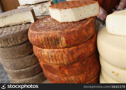 cheese at the Market in the Village of Teror in the Mountains of central Gran Canay on the Canary Island of Spain in the Atlantic ocean.. EUROPE CANARY ISLAND GRAN CANARY