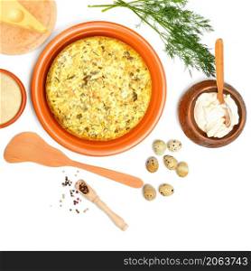Cheese casserole and its ingredients isolated on white background.